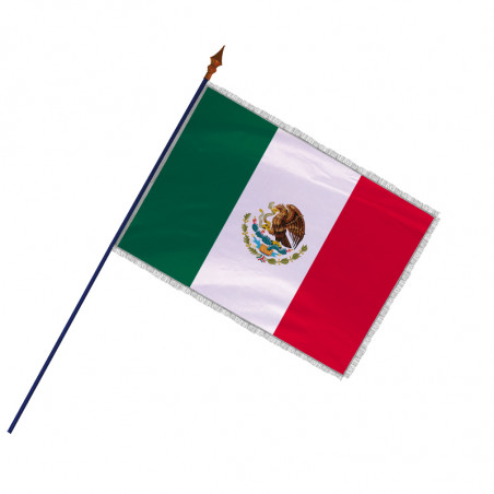 Drapeau Mexique avec frange et galon argenté et fixé sur sa hampe (Officiel)