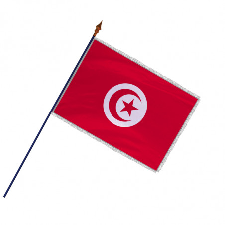 Drapeau Tunisie avec frange et galon argenté fixé sur sa hampe (Officiel)