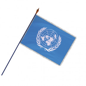 Drapeau de l'ONU : avec hampe en bois - frange filée argent galon argent - MACAP