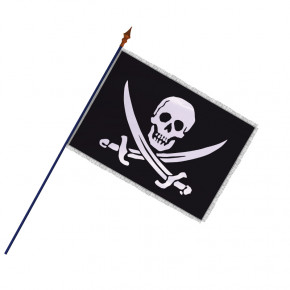 Drapeau Pirate : avec hampe en bois - Modèle 1 - frange filée argent galon argent - MACAP