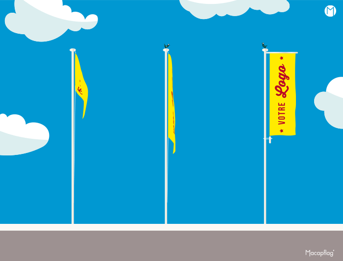 Présentation de drapeaux sur un mât sans potence et d'un drapeau sur un mat avec potence